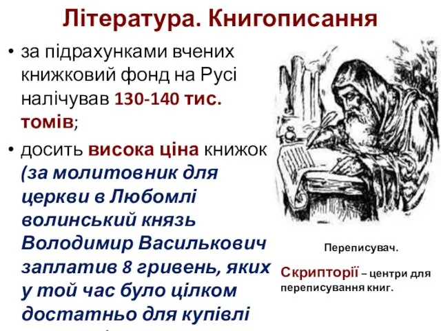 Література. Книгописання за підрахунками вчених книжковий фонд на Русі налічував