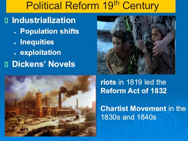 Political Reform 19th Century Industrialization Population shifts Inequities exploitation Dickens’ Novels riots in