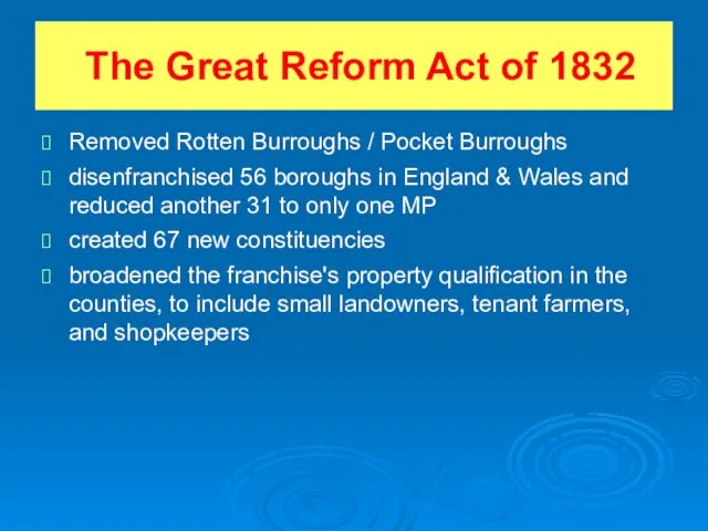 The Great Reform Act of 1832 Removed Rotten Burroughs / Pocket Burroughs disenfranchised