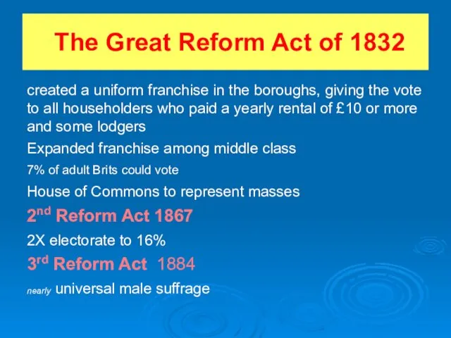 The Great Reform Act of 1832 created a uniform franchise in the boroughs,