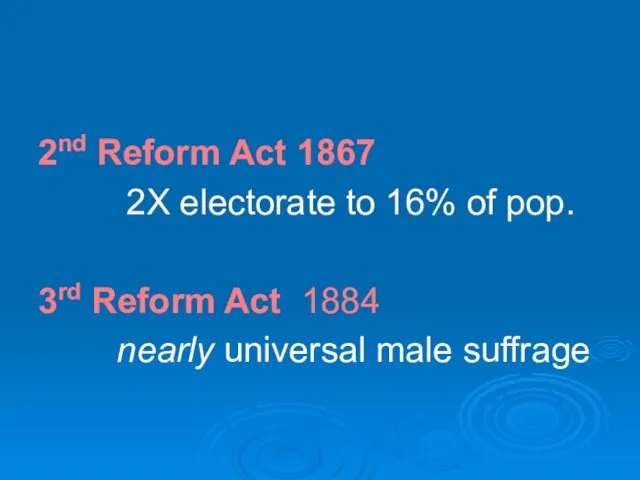 2nd Reform Act 1867 2X electorate to 16% of pop. 3rd Reform Act