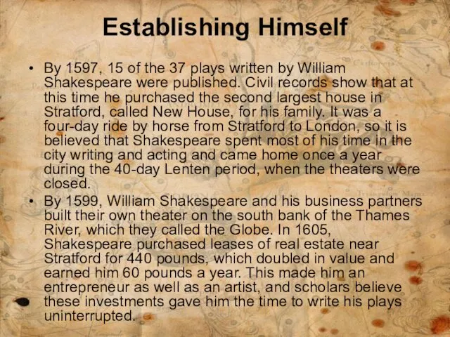 Establishing Himself By 1597, 15 of the 37 plays written
