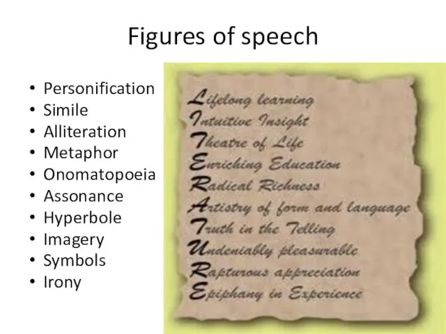 Figures of speech Personification Simile Alliteration Metaphor Onomatopoeia Assonance Hyperbole Imagery Symbols Irony