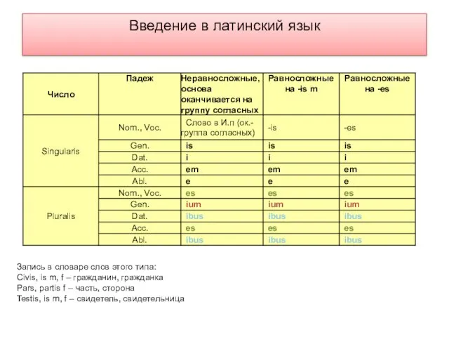 Введение в латинский язык Запись в словаре слов этого типа: