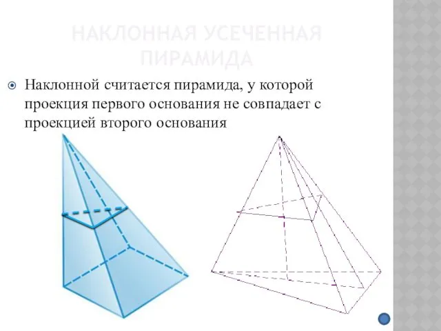 НАКЛОННАЯ УСЕЧЕННАЯ ПИРАМИДА Наклонной считается пирамида, у которой проекция первого