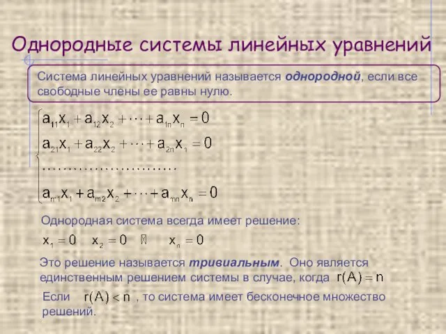 Однородные системы линейных уравнений Система линейных уравнений называется однородной, если