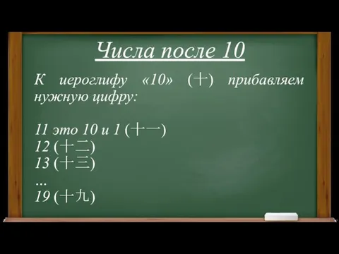 Числа после 10 К иероглифу «10» (十) прибавляем нужную цифру: