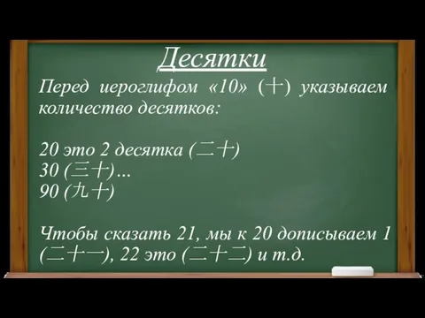 Десятки Перед иероглифом «10» (十) указываем количество десятков: 20 это