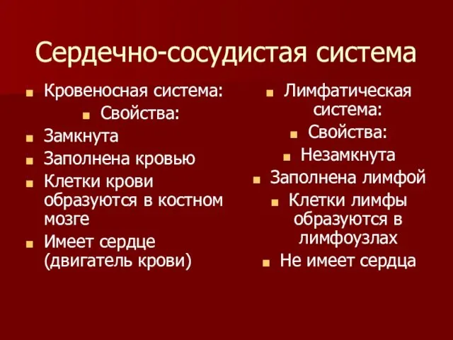 Сердечно-сосудистая система Кровеносная система: Свойства: Замкнута Заполнена кровью Клетки крови