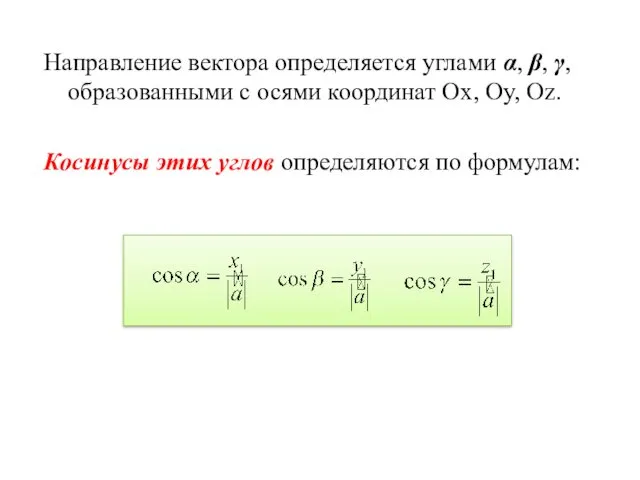 Направление вектора определяется углами α, β, γ, образованными с осями