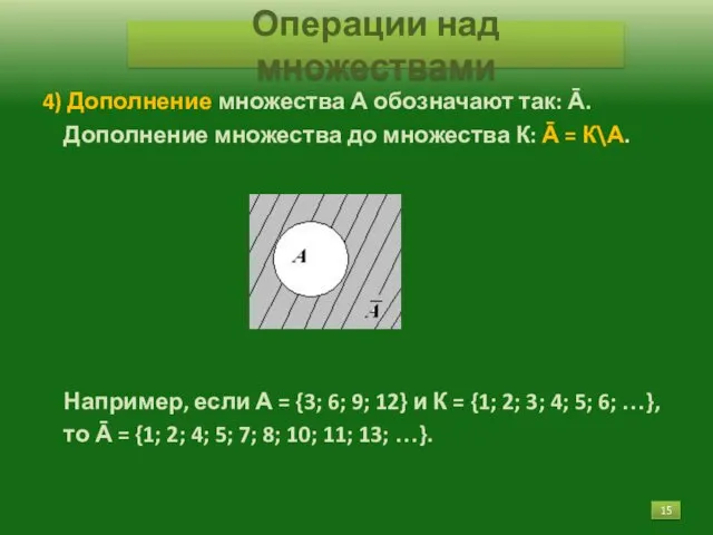 4) Дополнение множества А обозначают так: Ā. Дополнение множества до