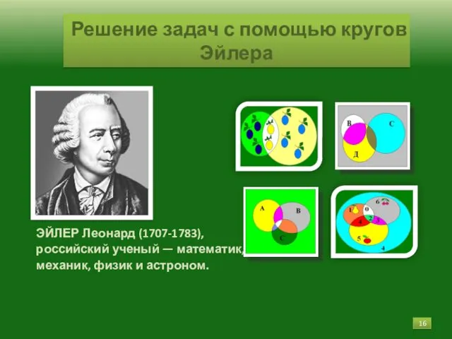 Решение задач с помощью кругов Эйлера ЭЙЛЕР Леонард (1707-1783), российский