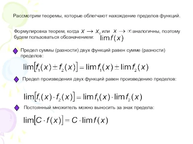 Рассмотрим теоремы, которые облегчают нахождение пределов функций. Предел суммы (разности)