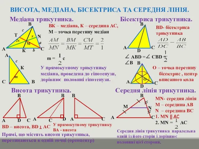 ВИСОТА, МЕДІАНА, БІСЕКТРИСА ТА СЕРЕДНЯ ЛІНІЯ. Медіана трикутника. А В