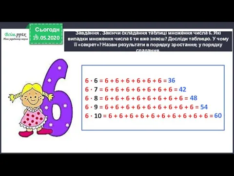 Завдання . Закінчи складання таблиці множення числа 6. Які випадки