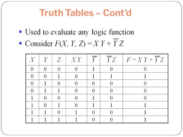 Truth Tables – Cont’d