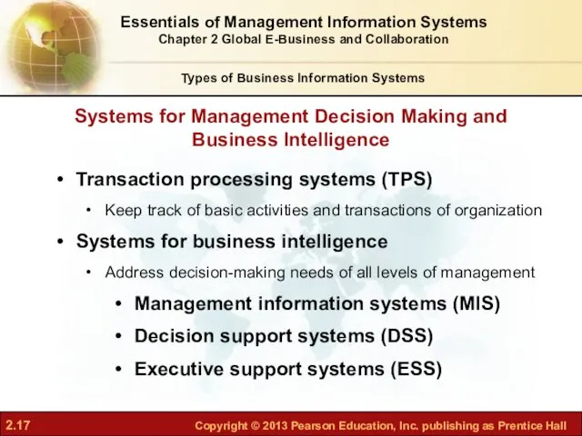 Transaction processing systems (TPS) Keep track of basic activities and