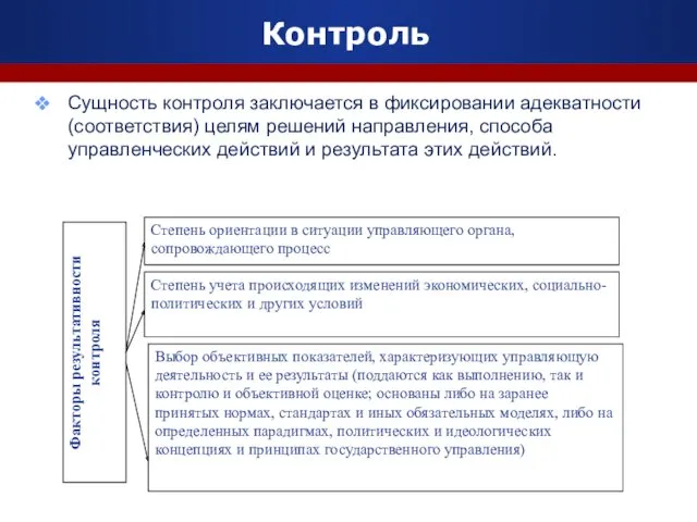 Контроль Сущность контроля заключается в фиксировании адекватности (соответствия) целям решений