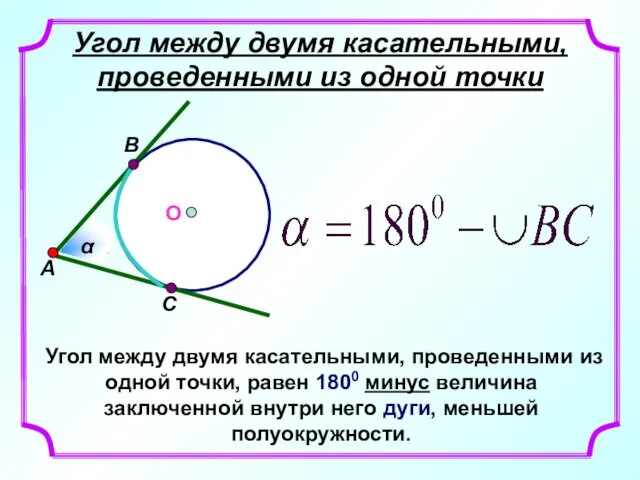 Угол между двумя касательными, проведенными из одной точки Угол между