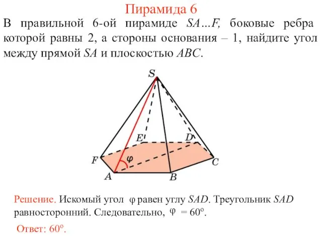 В правильной 6-ой пирамиде SA…F, боковые ребра которой равны 2,