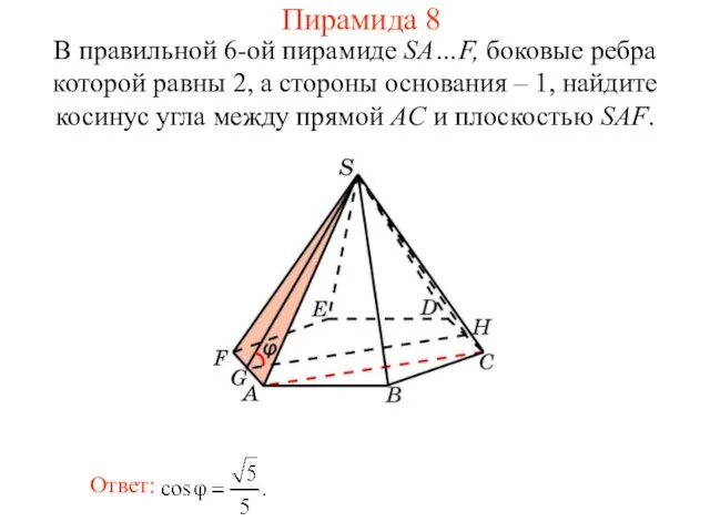 В правильной 6-ой пирамиде SA…F, боковые ребра которой равны 2,