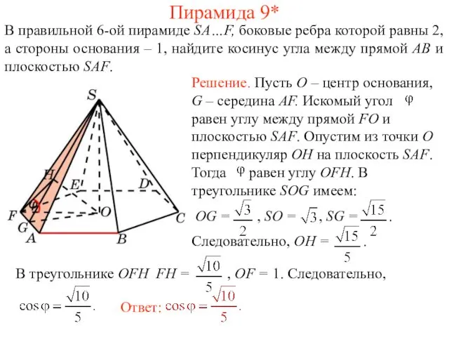 В правильной 6-ой пирамиде SA…F, боковые ребра которой равны 2,