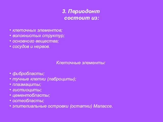 3. Периодонт состоит из: клеточных элементов; волокнистых структур; основного вещества;