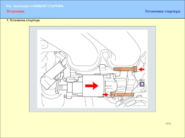 (1/1) 1. Установка стартера Болт Установка Установка стартера