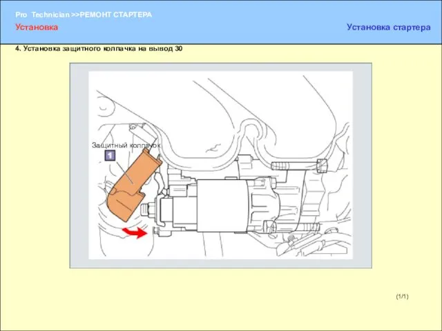 (1/1) 4. Установка защитного колпачка на вывод 30 Защитный колпачок Установка Установка стартера