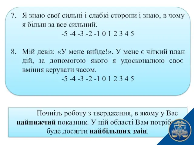 7. Я знаю свої сильні і слабкі сторони і знаю,