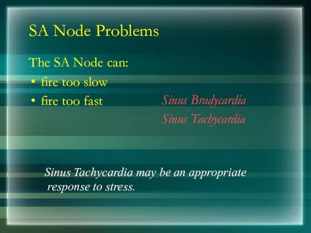 SA Node Problems The SA Node can: fire too slow fire too fast