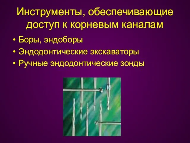 Инструменты, обеспечивающие доступ к корневым каналам Боры, эндоборы Эндодонтические экскаваторы Ручные эндодонтические зонды