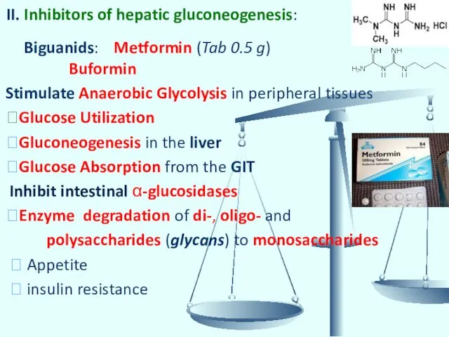 II. Inhibitors of hepatic gluconeogenesis: Biguanids: Metformin (Tab 0.5 g) Buformin Stimulate Anaerobic