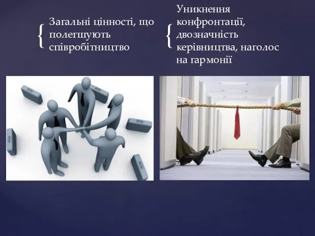 Загальні цінності, що полегшують співробітництво Уникнення конфронтації, двозначність керівництва, наголос на гармонії