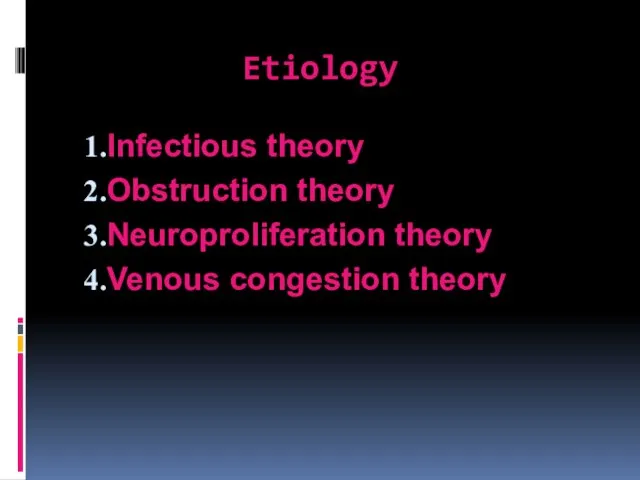 Etiology Infectious theory Obstruction theory Neuroproliferation theory Venous congestion theory