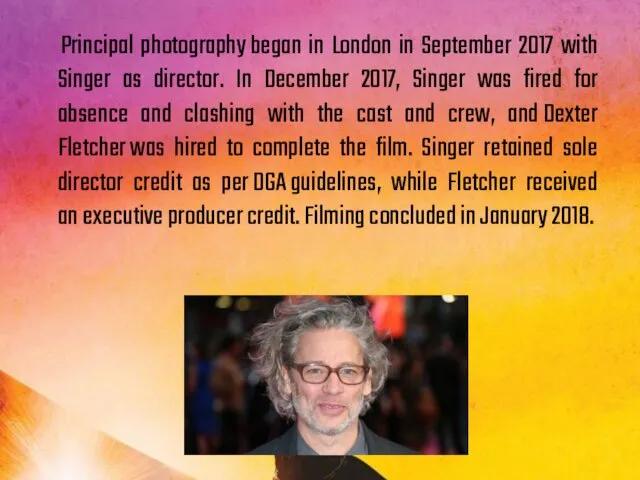 Principal photography began in London in September 2017 with Singer