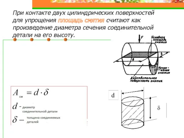 При контакте двух цилиндрических поверхностей для упрощения площадь смятия считают