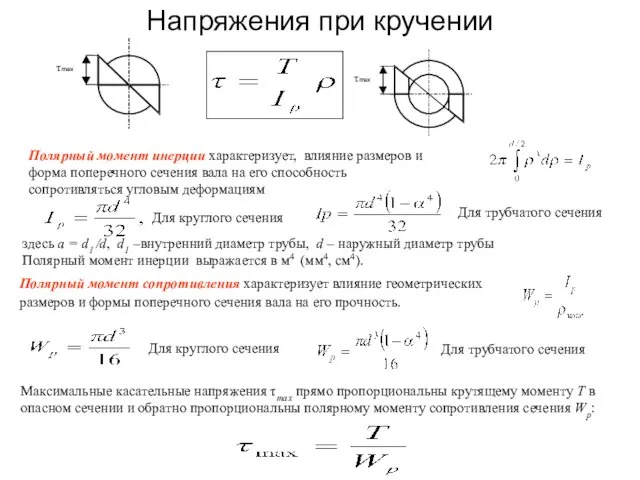 Напряжения при кручении Полярный момент инерции характеризует, влияние размеров и