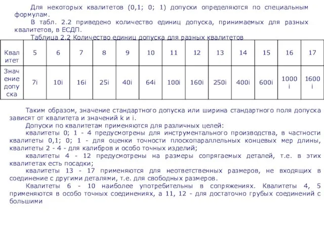 Для некоторых квалитетов (0,1; 0; 1) допуски определяются по специальным