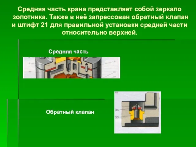 Средняя часть крана представляет собой зеркало золотника. Также в неё