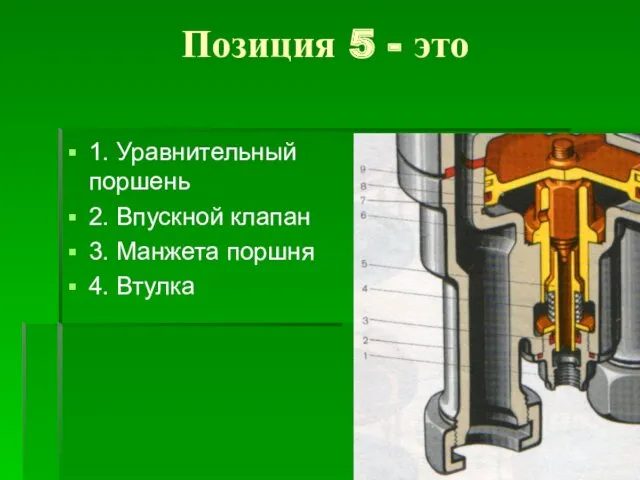 Позиция 5 - это 1. Уравнительный поршень 2. Впускной клапан 3. Манжета поршня 4. Втулка