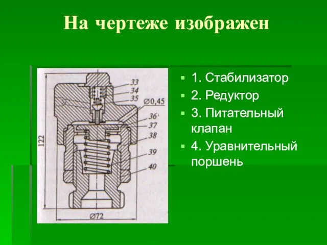 На чертеже изображен 1. Стабилизатор 2. Редуктор 3. Питательный клапан 4. Уравнительный поршень