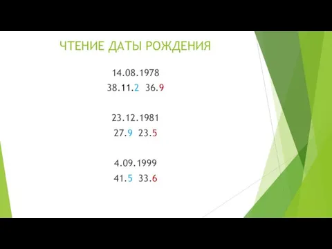 ЧТЕНИЕ ДАТЫ РОЖДЕНИЯ 14.08.1978 38.11.2 36.9 23.12.1981 27.9 23.5 4.09.1999 41.5 33.6