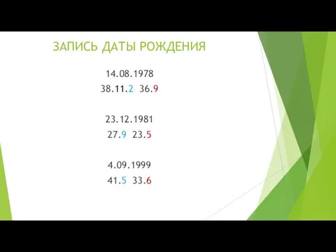 ЗАПИСЬ ДАТЫ РОЖДЕНИЯ 14.08.1978 38.11.2 36.9 23.12.1981 27.9 23.5 4.09.1999 41.5 33.6