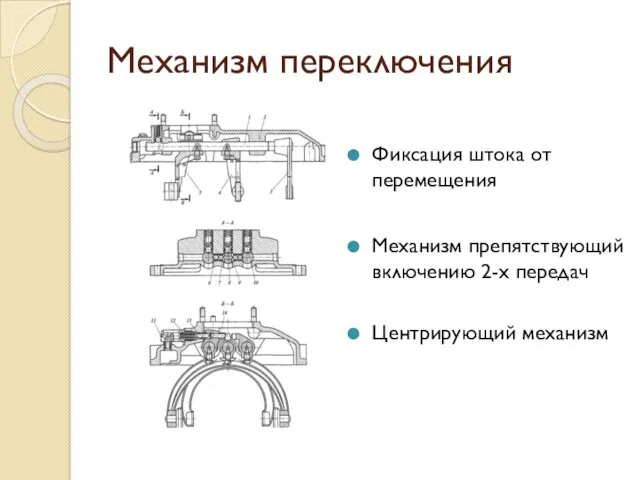 Механизм переключения Фиксация штока от перемещения Механизм препятствующий включению 2-х передач Центрирующий механизм