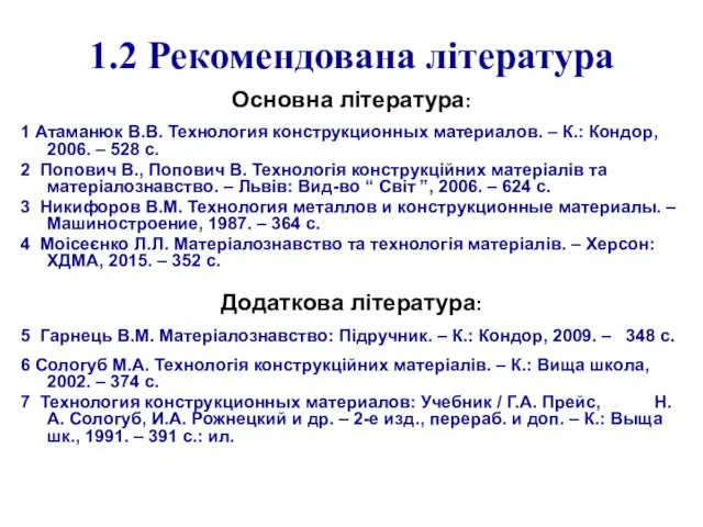 1.2 Рекомендована література Основна література: 1 Атаманюк В.В. Технология конструкционных