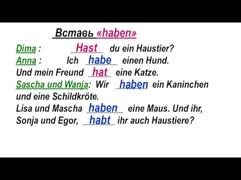 Dima : _______ du ein Haustier? Anna : Ich _______