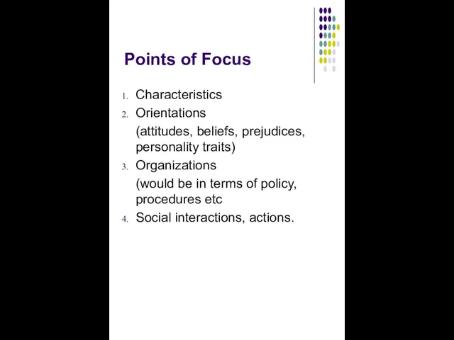 Points of Focus Characteristics Orientations (attitudes, beliefs, prejudices, personality traits)