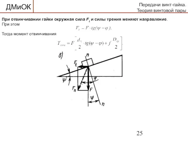Передачи винт-гайка. Теория винтовой пары При отвинчивании гайки окружная сила