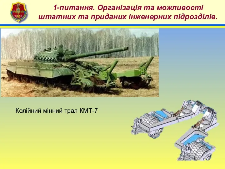 4 1-питання. Організація та можливості штатних та приданих інженерних підрозділів. Колійний мінний трал КМТ-7